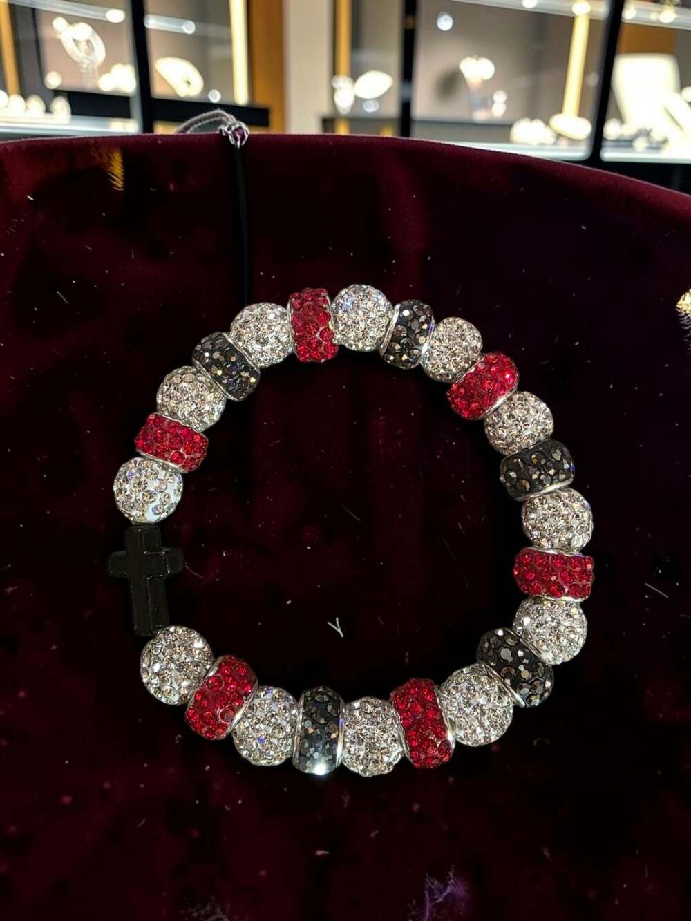 Red white and black with a cross Rhinestone Bead Disco Ball - 7.5 in